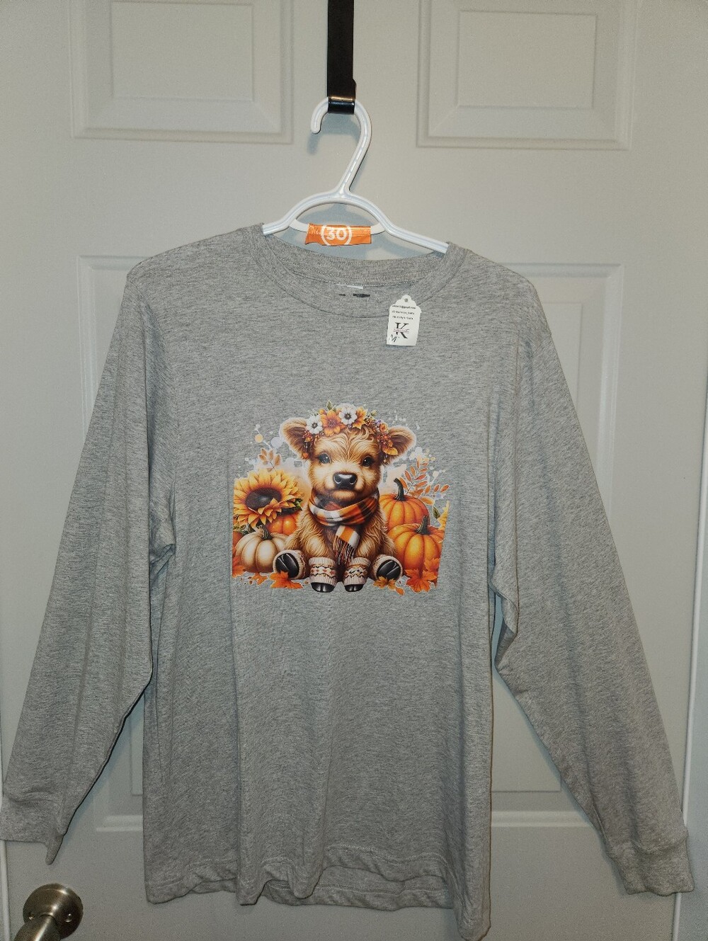 Grey Long-Sleeve Shirt with Fall Cow Graphic